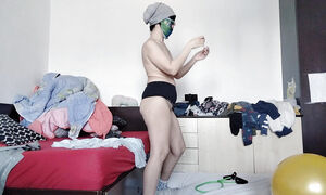 Amateur Wife Has Fun Trying On Clothes That She Cuts. Amateur Wife Dances Naked Around The House