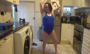 Wife With Big Breasts Dancing In Tight Blue Swimsuit