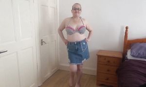 Stripping In Denim Skirt And Bikini Top